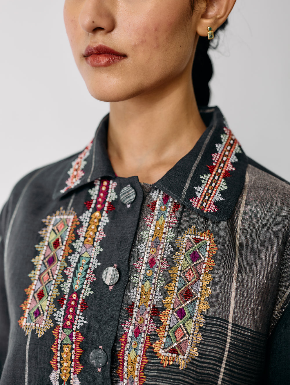 Zuri Hand-Embroidered Metallic Jacket - Charcoal