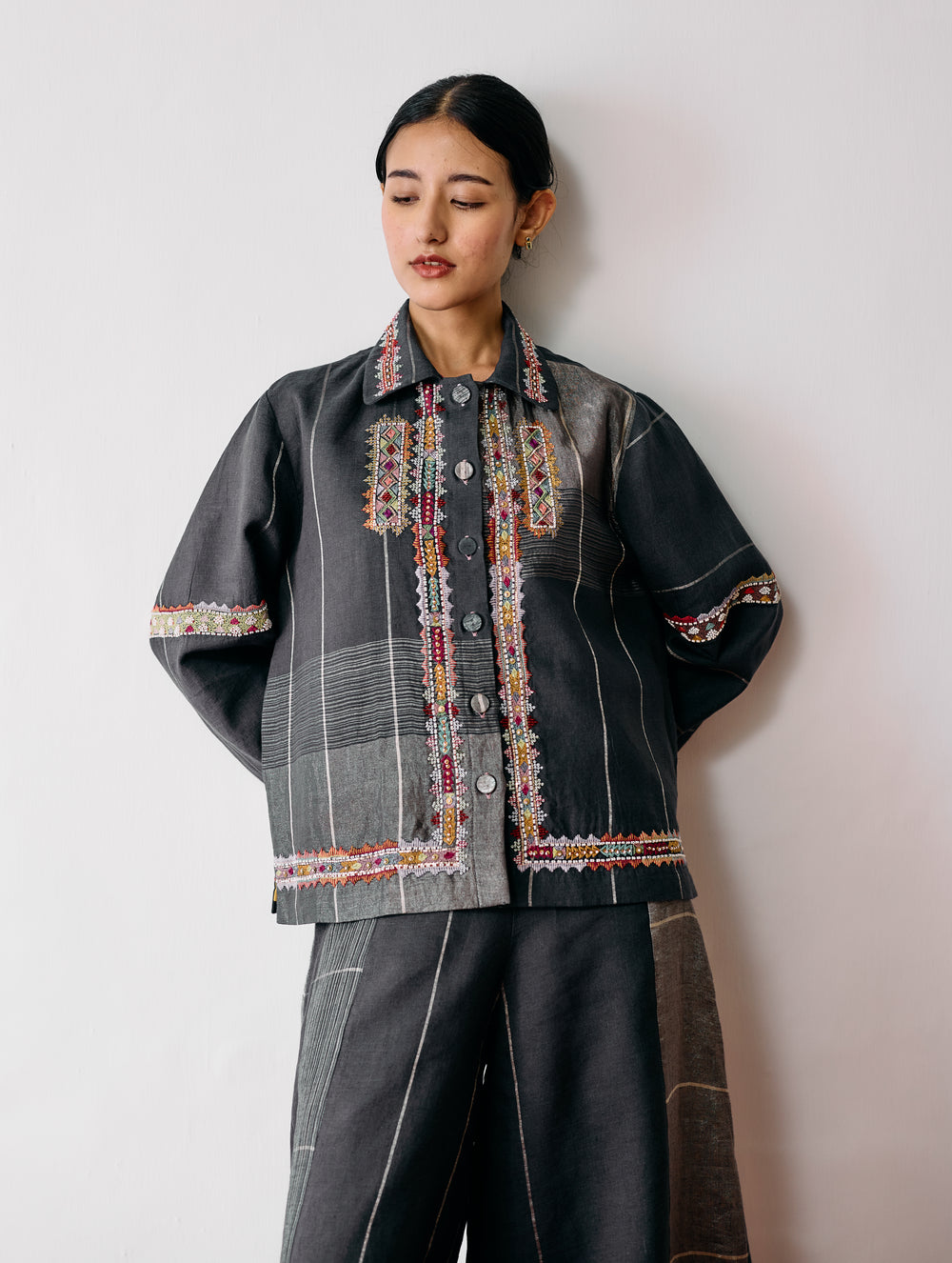 Zuri Hand-Embroidered Metallic Jacket - Charcoal