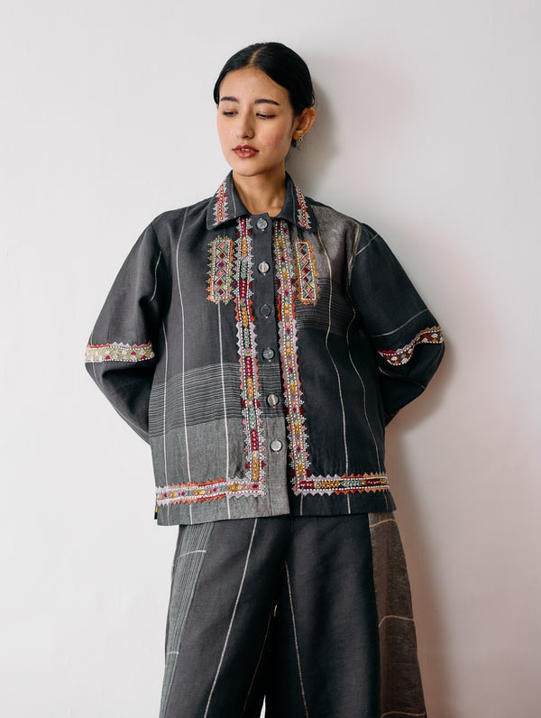 Zuri Hand-Embroidered Metallic Jacket - Charcoal