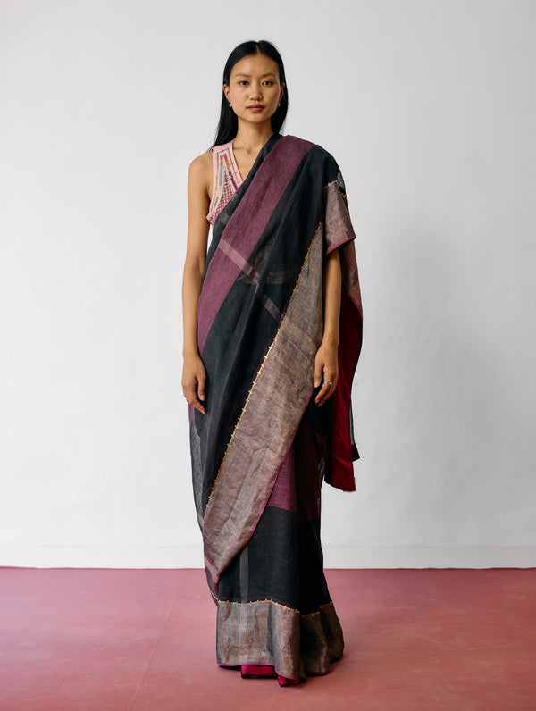 Afra Metallic Handloom Linen Saree - Metallic Charcoal