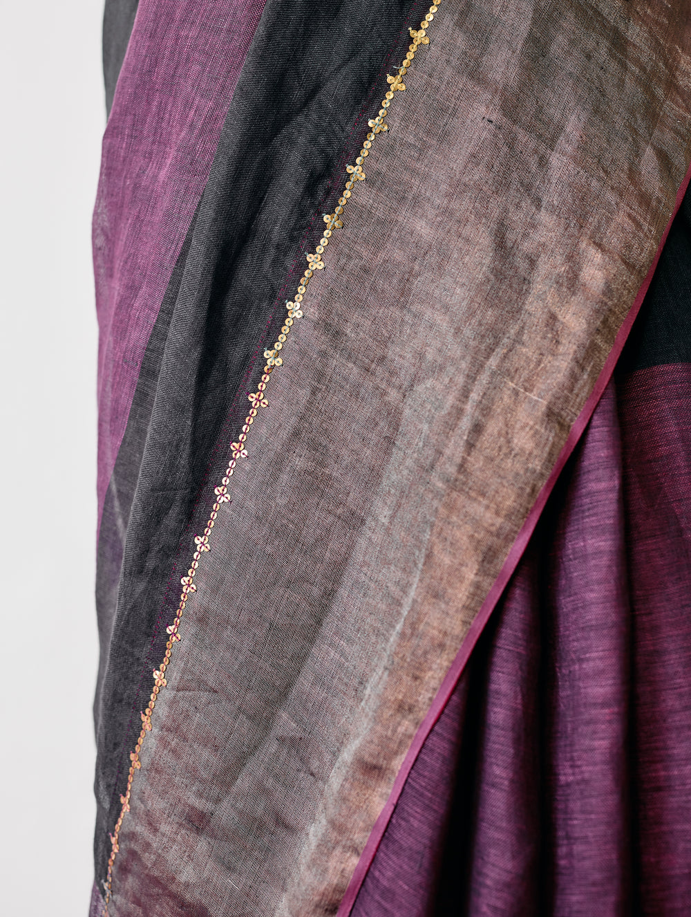 Afra Metallic Handloom Linen Saree - Metallic Charcoal