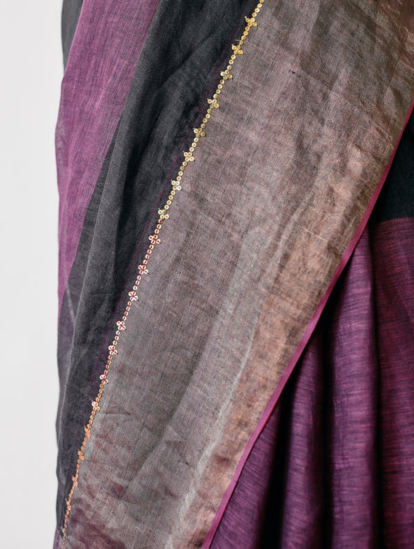 Afra Metallic Handloom Linen Saree - Metallic Charcoal