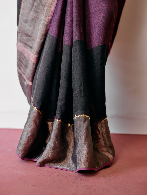 Afra Metallic Handloom Linen Saree - Metallic Charcoal