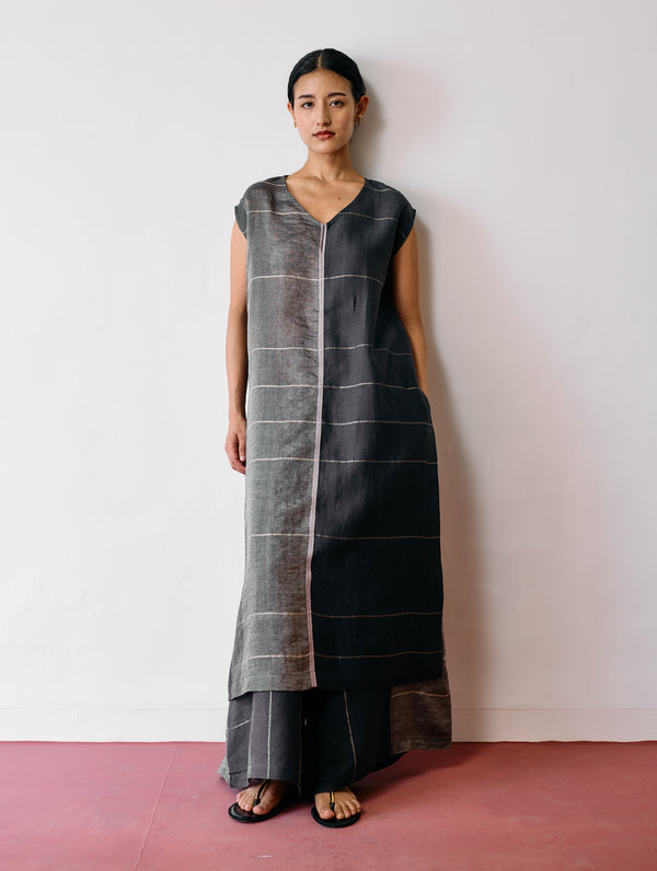 Rira Metallic Linen Long Tunic - Charcoal