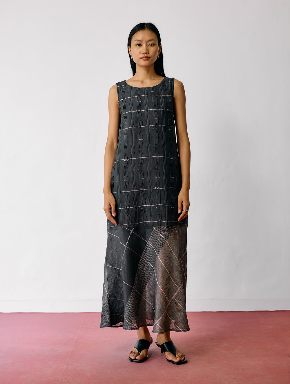 Dana Pintuck & Pleat Sleeveless Dress - Charcoal