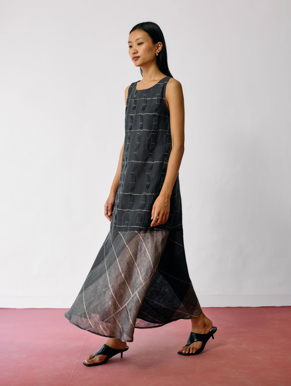 Dana Pintuck & Pleat Sleeveless Dress - Charcoal
