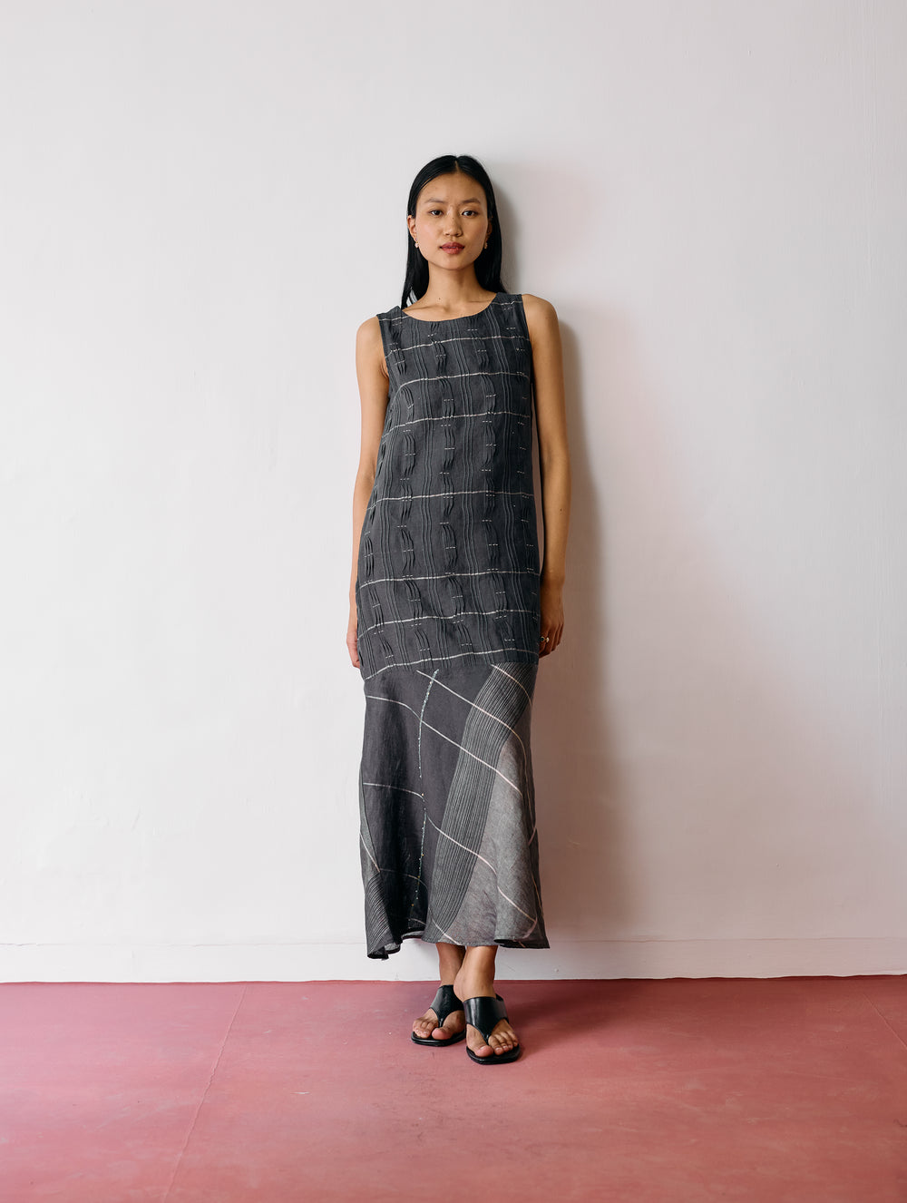 Dana Pintuck & Pleat Sleeveless Dress - Charcoal