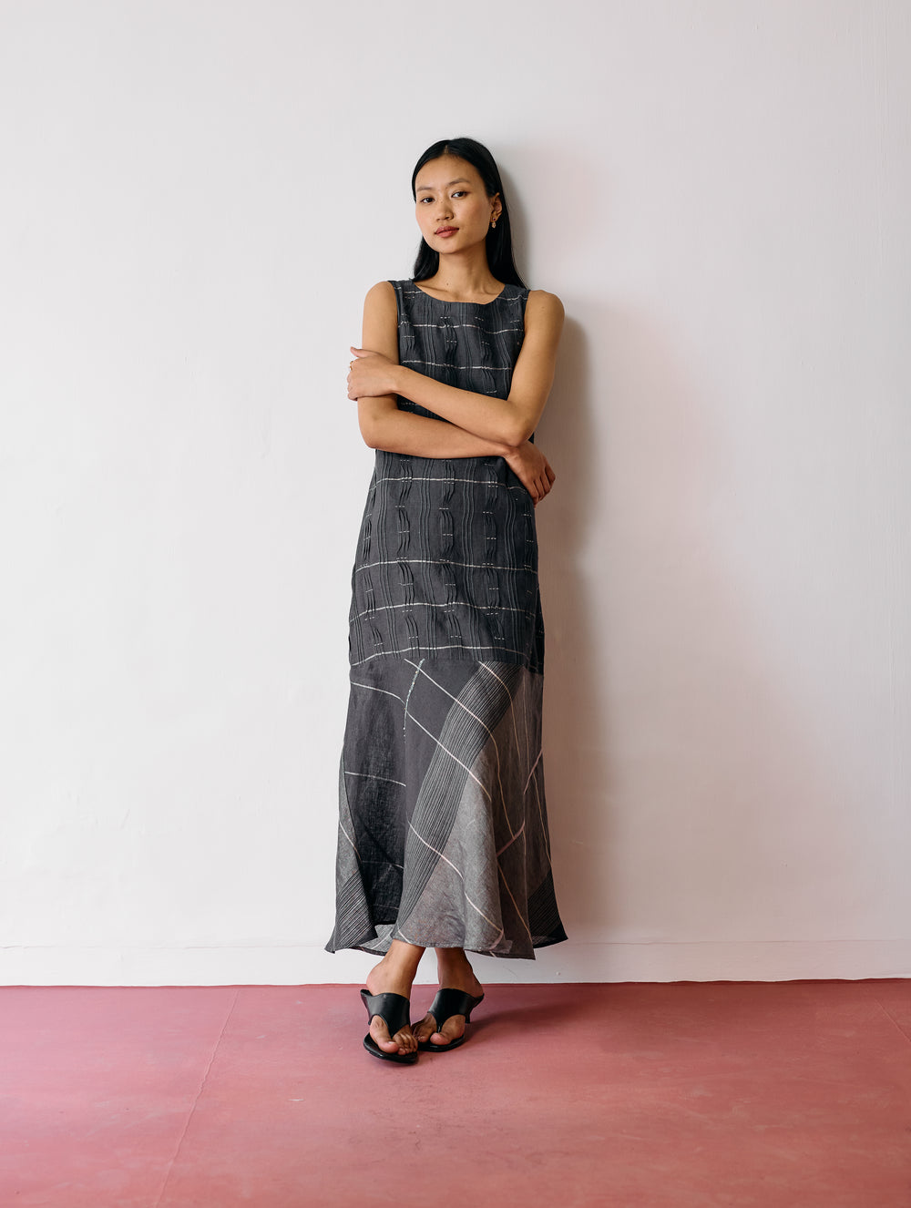 Dana Pintuck & Pleat Sleeveless Dress - Charcoal