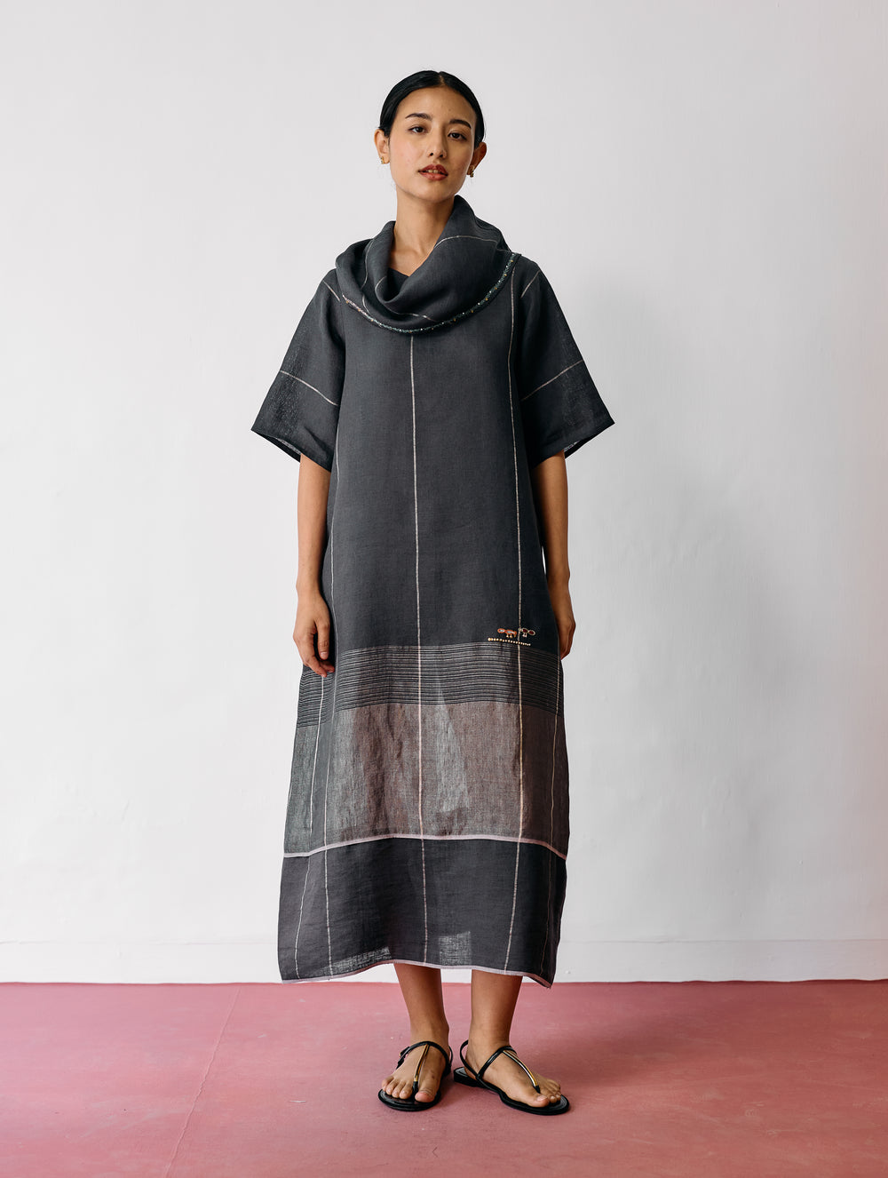 Zaran Cowl Neck Metallic Dress - Charcoal