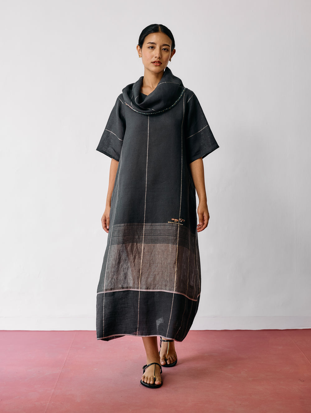 Zaran Cowl Neck Metallic Dress - Charcoal