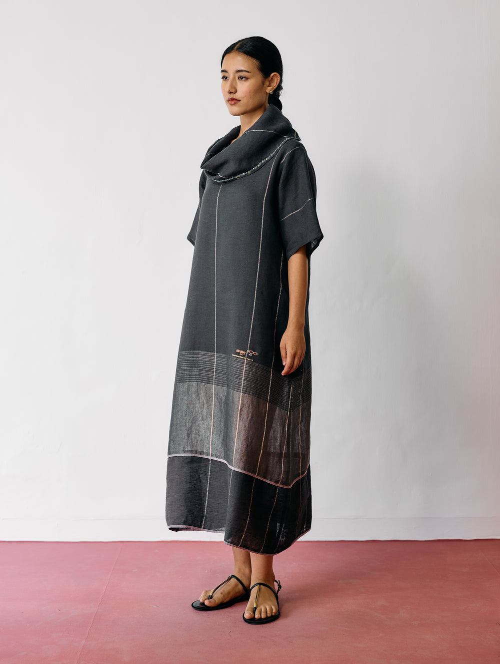 Zaran Cowl Neck Metallic Dress - Charcoal