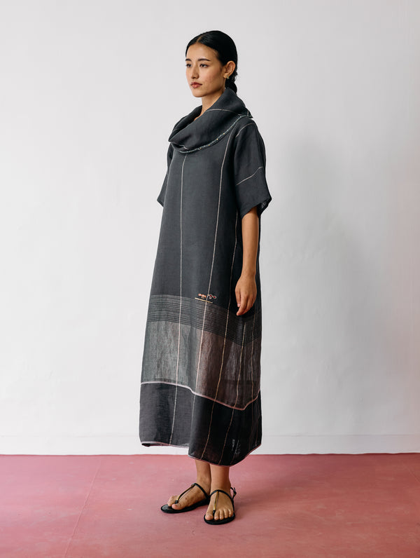 Zaran Cowl Neck Metallic Dress - Charcoal