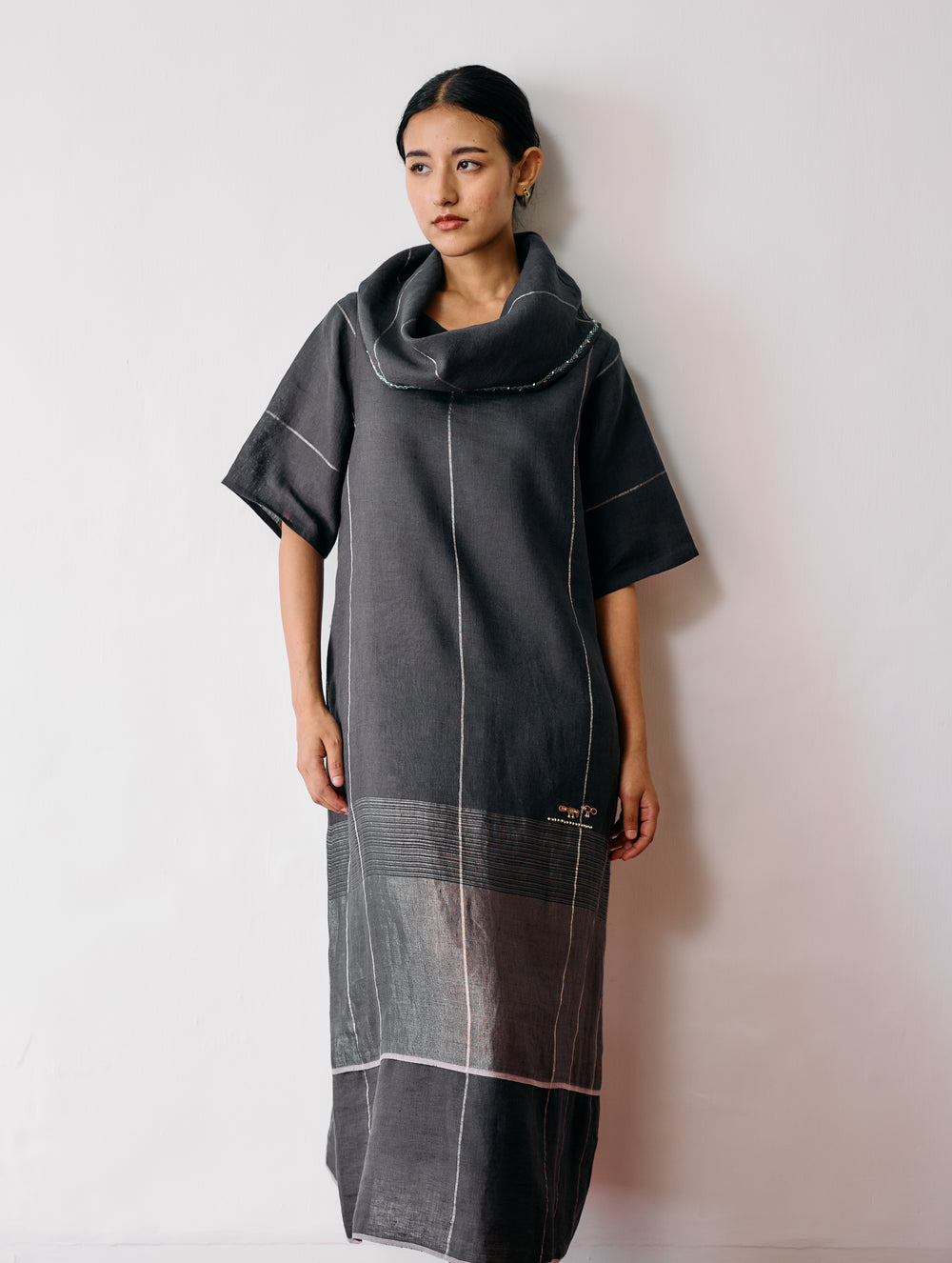 Zaran Cowl Neck Metallic Dress - Charcoal
