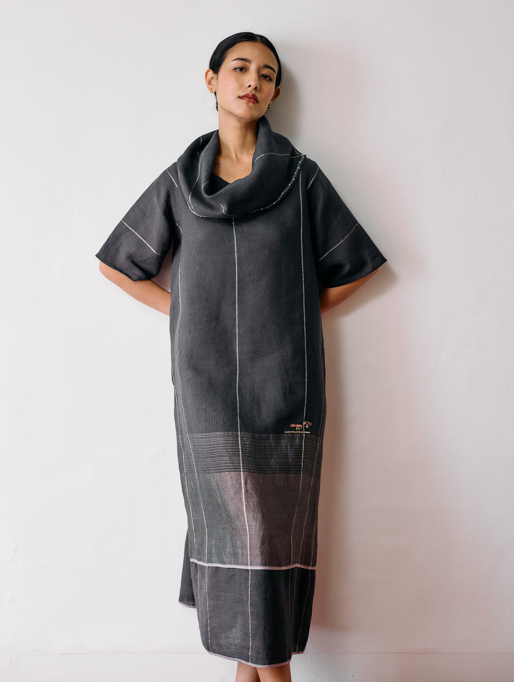 Zaran Cowl Neck Metallic Dress - Charcoal
