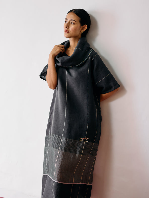 Zaran Cowl Neck Metallic Dress - Charcoal
