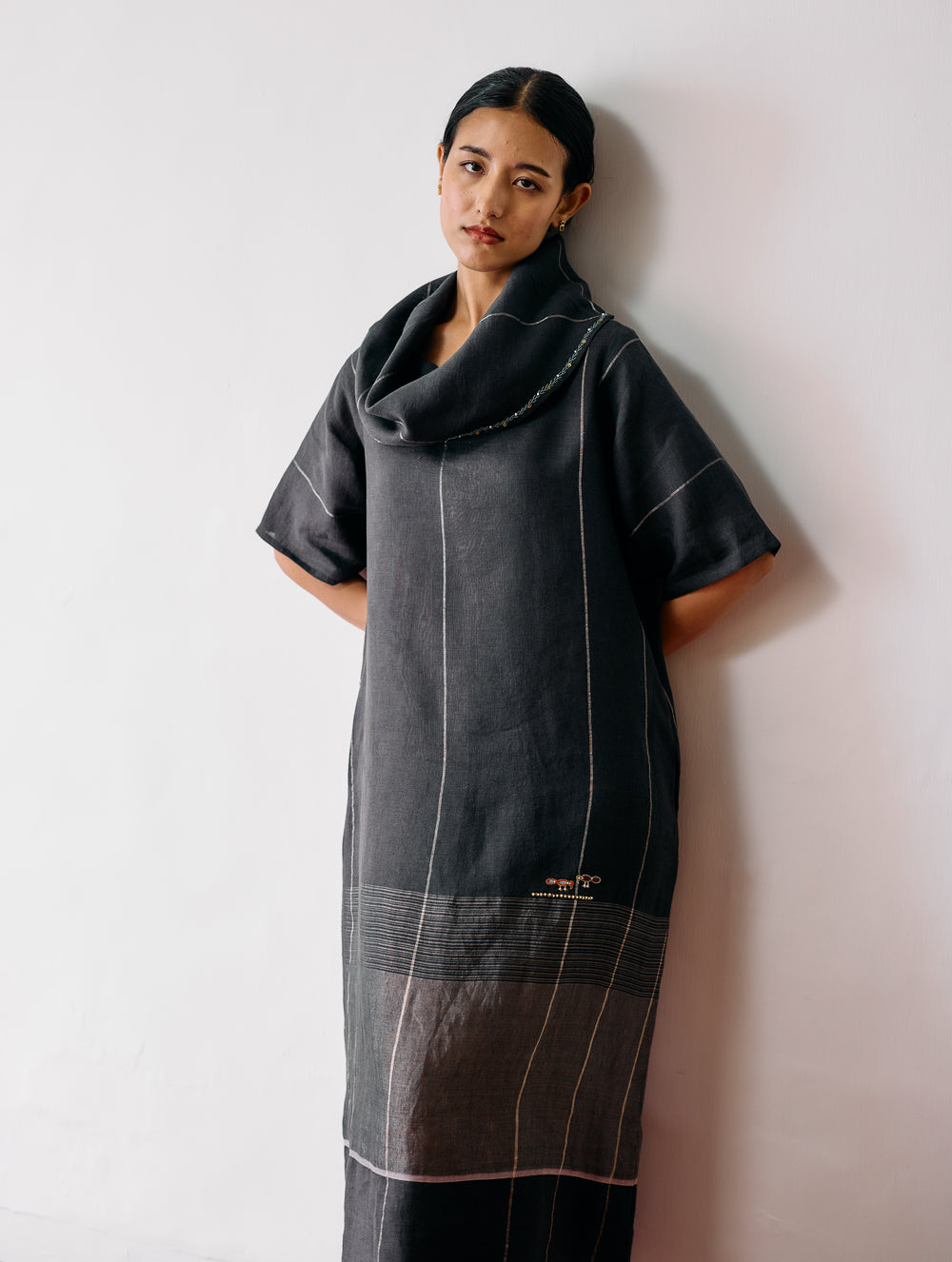 Zaran Cowl Neck Metallic Dress - Charcoal