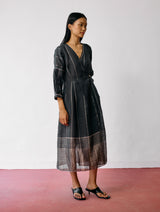 Raya Metallic Linen Wrap dress - Charcoal