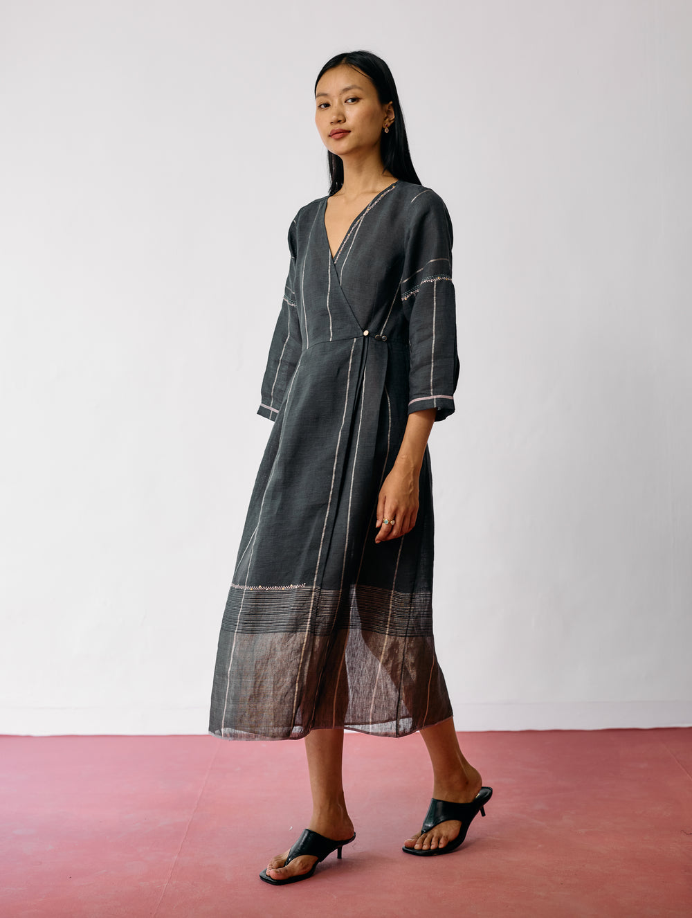 Raya Metallic Linen Wrap dress - Charcoal
