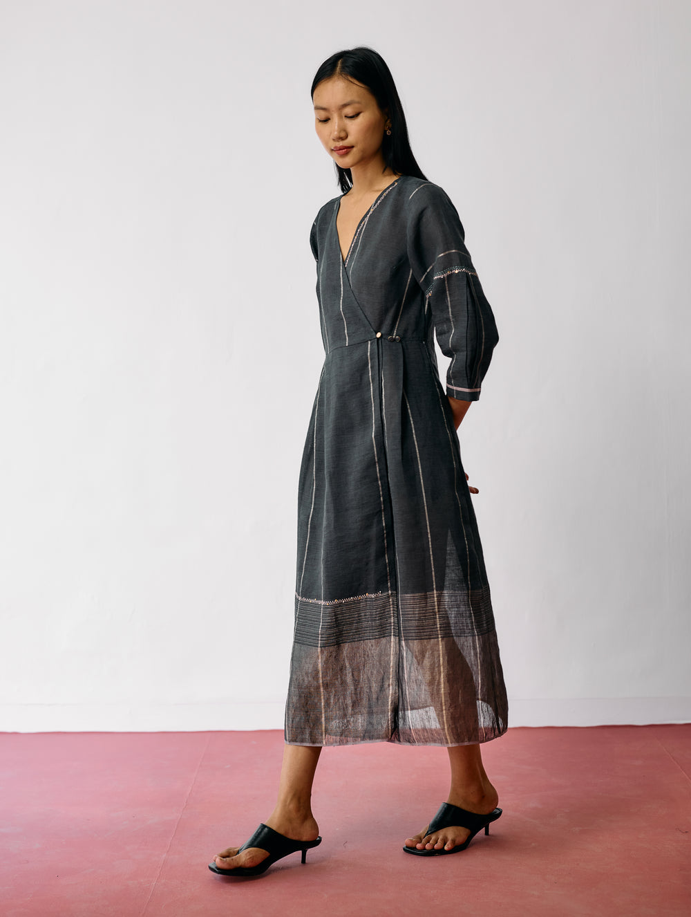 Raya Metallic Linen Wrap dress - Charcoal