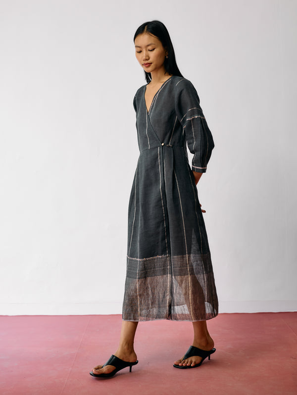 Raya Metallic Linen Wrap dress - Charcoal