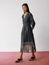 Raya Metallic Linen Wrap dress - Charcoal