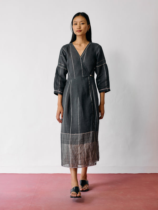 Raya Metallic Linen Wrap dress - Charcoal