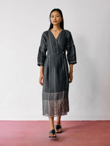 Raya Metallic Linen Wrap dress - Charcoal