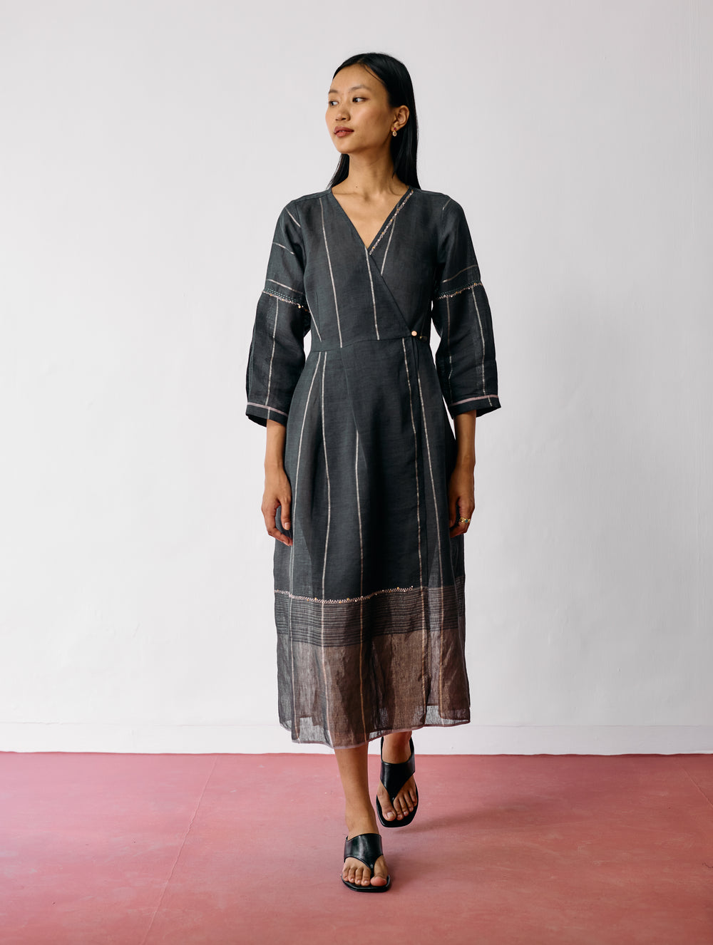 Raya Metallic Linen Wrap dress - Charcoal