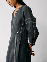 Raya Metallic Linen Wrap dress - Charcoal
