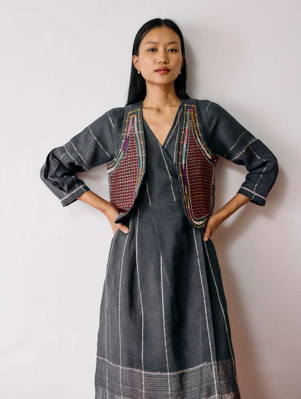 Raya Metallic Linen Wrap Dress with Jacket - Charcoal