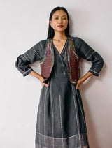 Raya Metallic Linen Wrap Dress with Jacket - Charcoal