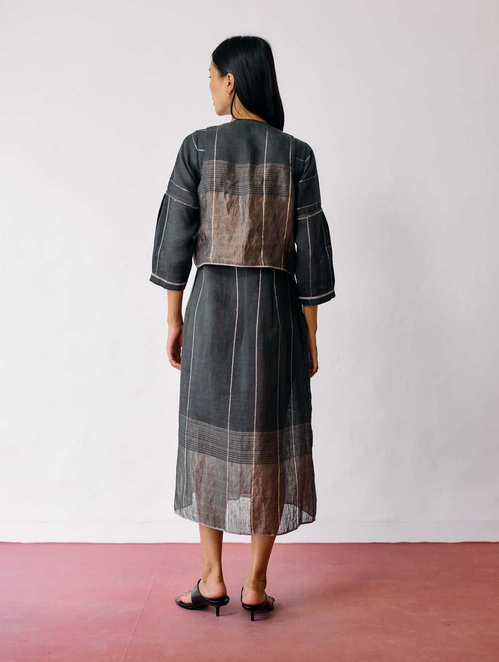 Raya Metallic Linen Wrap Dress with Jacket - Charcoal