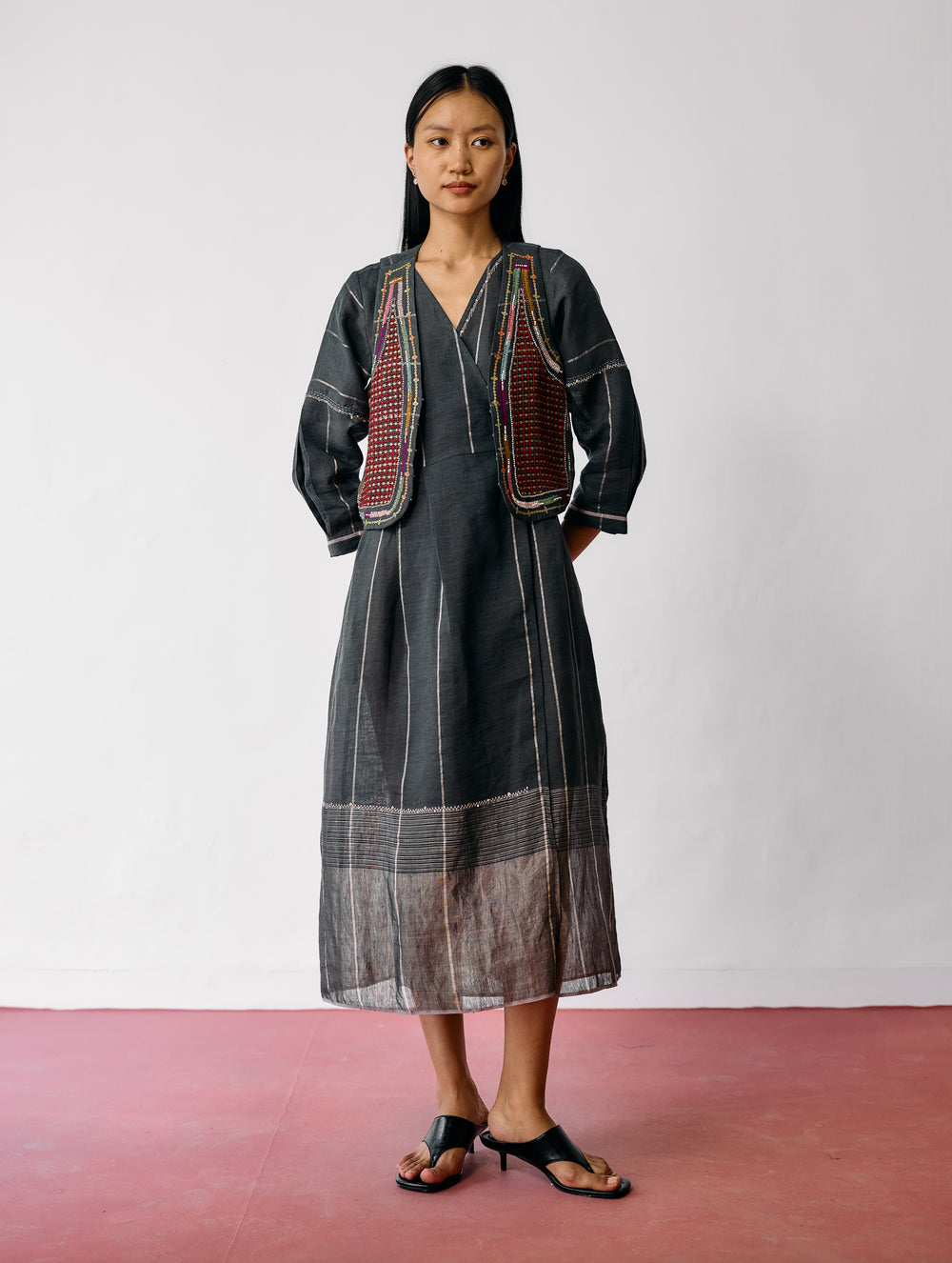 Raya Metallic Linen Wrap Dress with Jacket - Charcoal