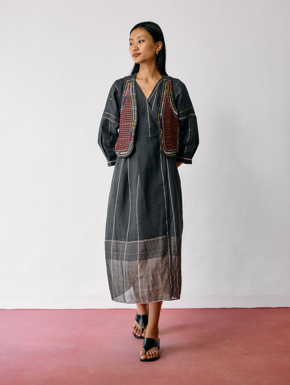 Raya Metallic Linen Wrap Dress with Jacket - Charcoal