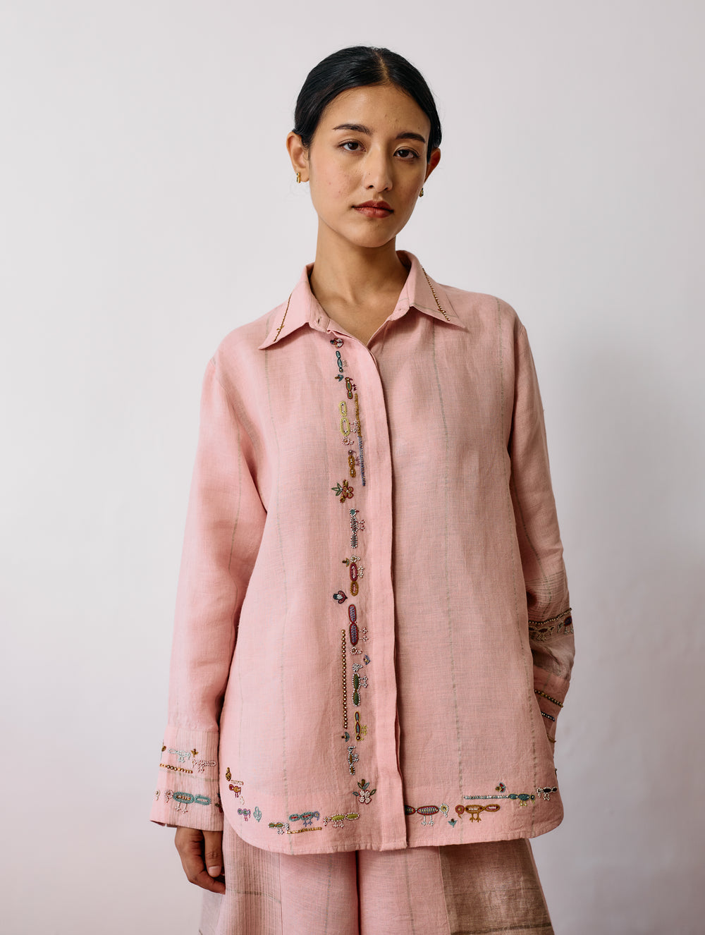 Hanat Hand-Embroidered Bird Shirt - Pink