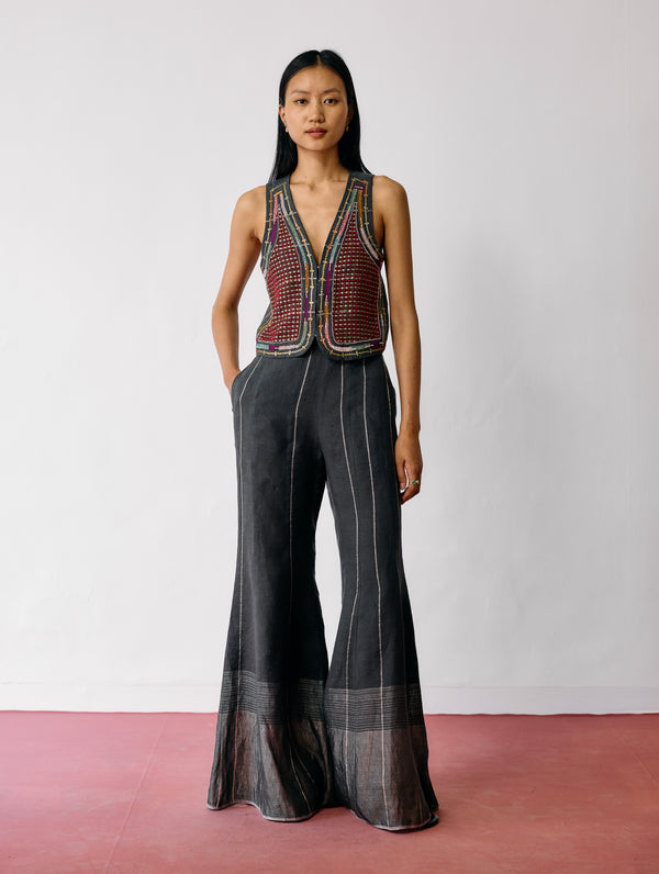 Tala Metallic Linen Sharara Pants - Charcoal