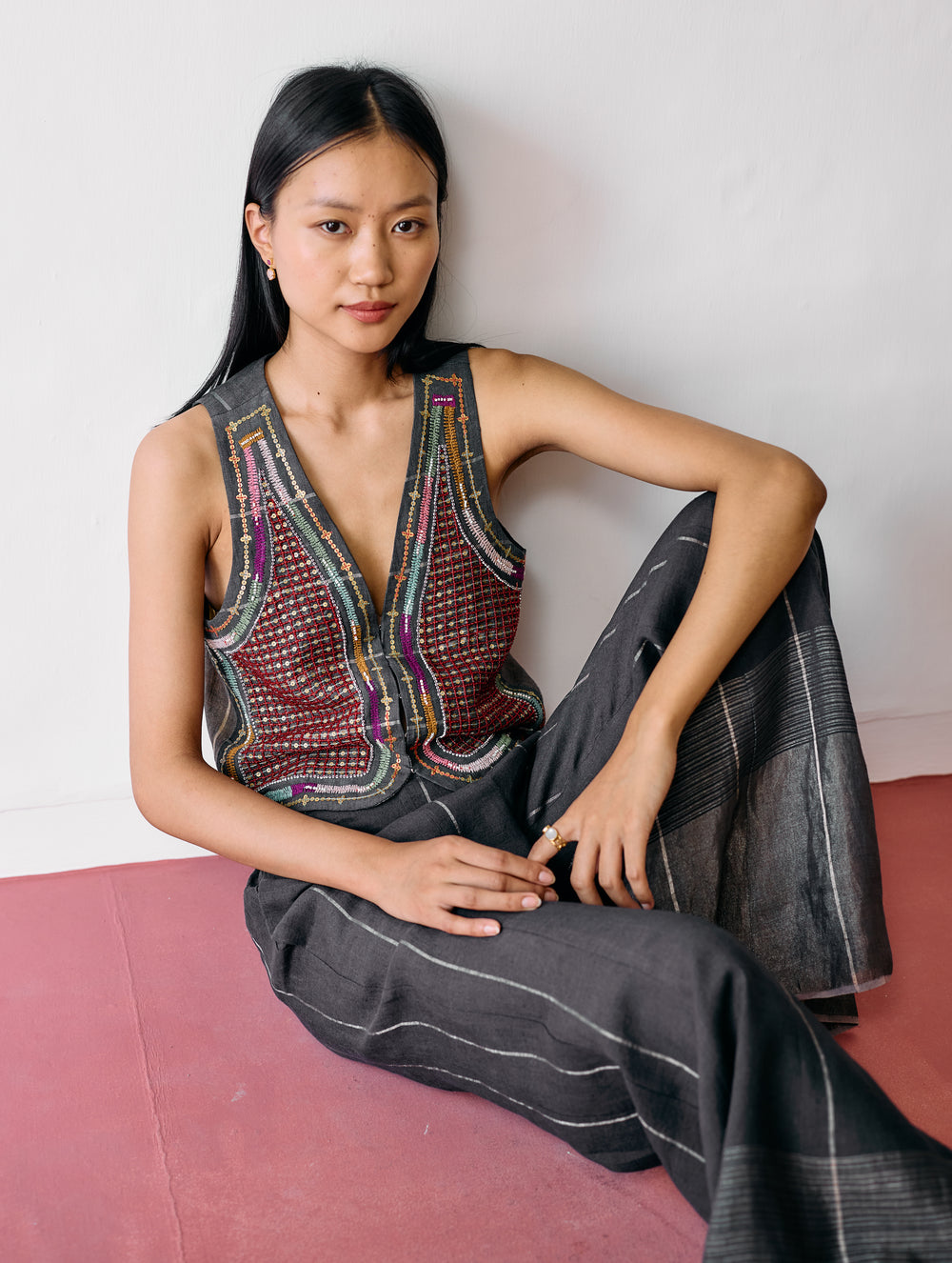 Kaya Hand-Embroidered Vest - Charcoal