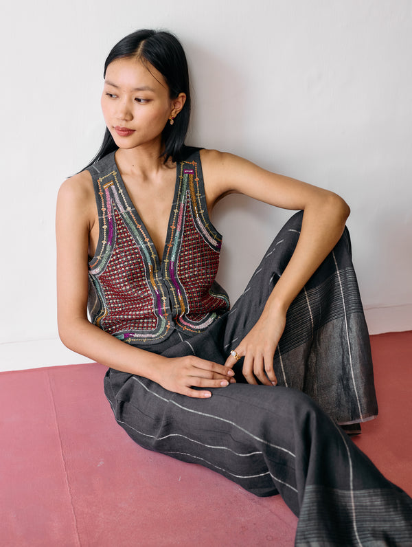 Kaya Hand-Embroidered Vest - Charcoal