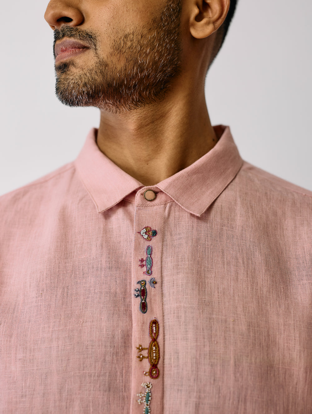 Ved Hand-Embroidered Bird Shirt - Pink