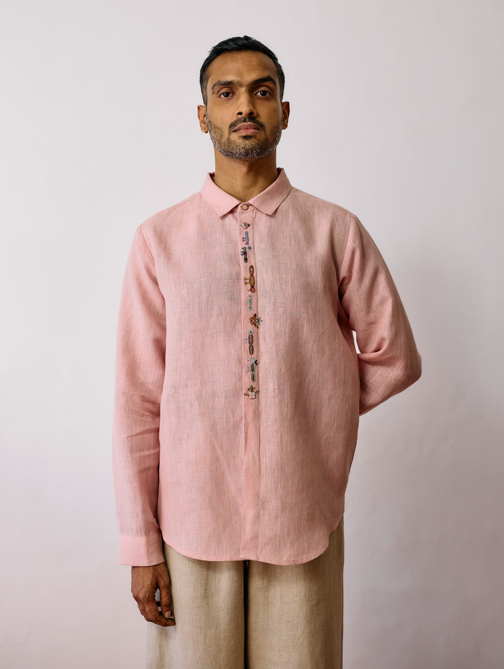 Ved Hand-Embroidered Bird Shirt - Pink