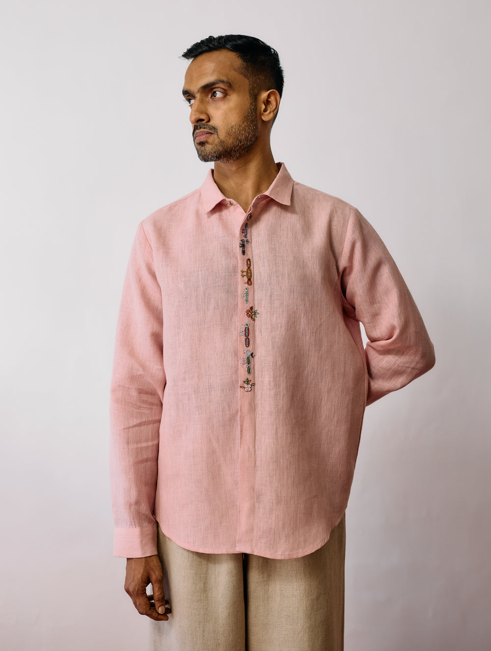 Ved Hand-Embroidered Bird Shirt - Pink