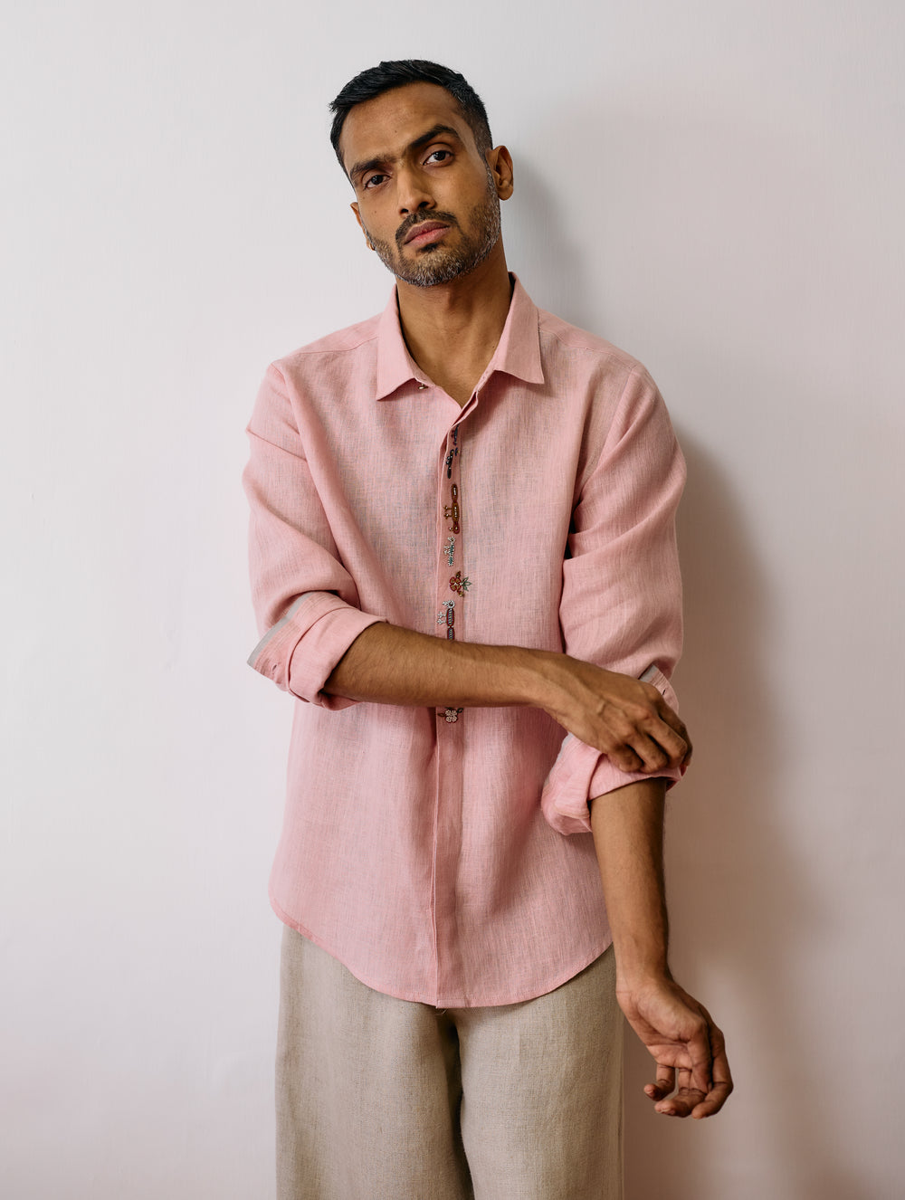 Ved Hand-Embroidered Bird Shirt - Pink
