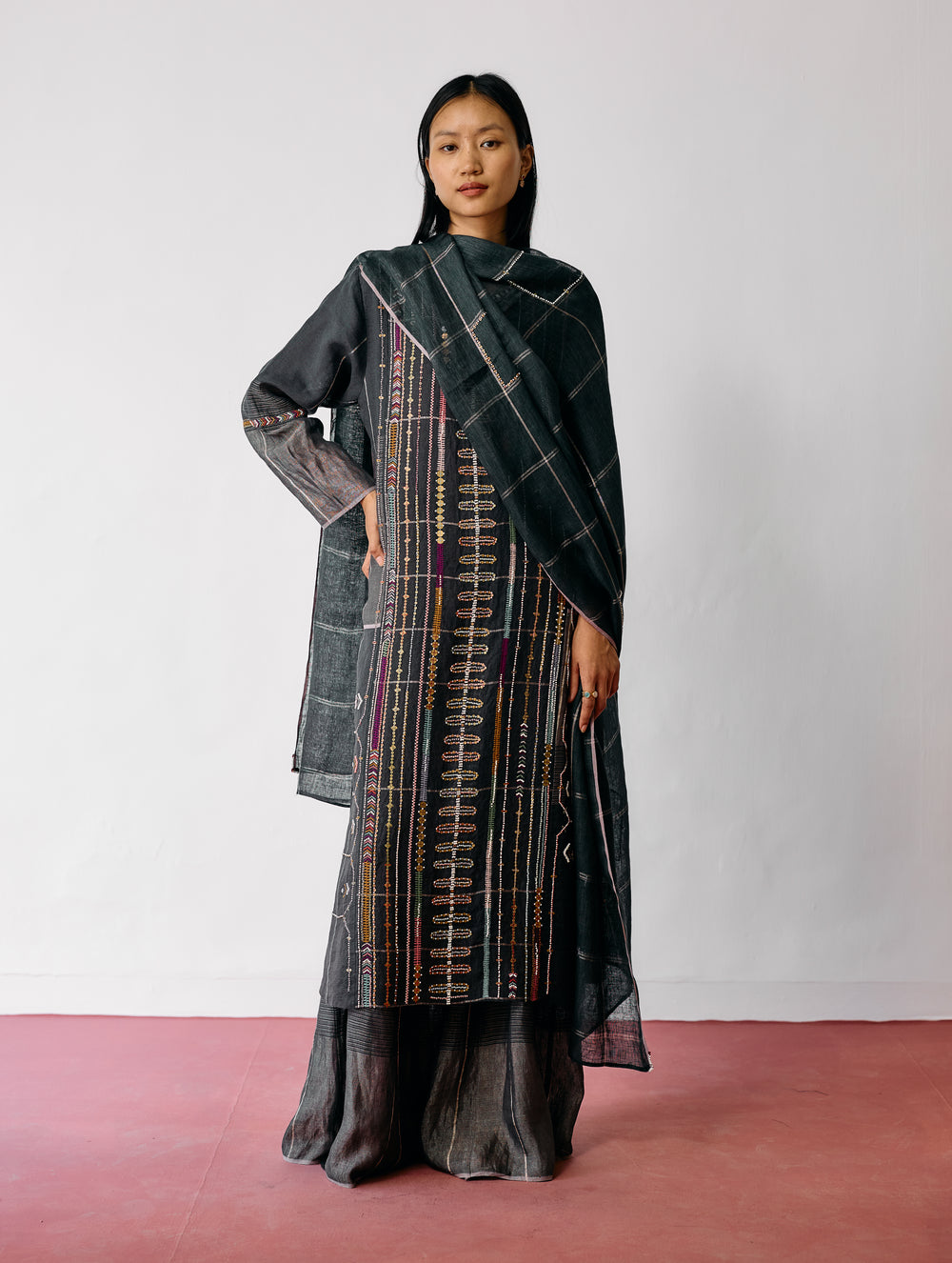 Aicha Hand-Embroidered Panelled Kurta Set - Charcoal