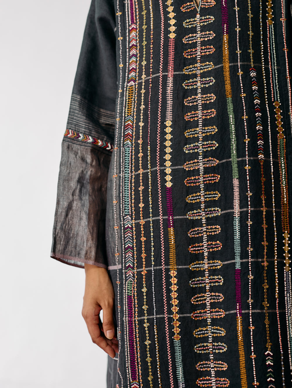 Aicha Hand-Embroidered Panelled Kurta - Charcoal