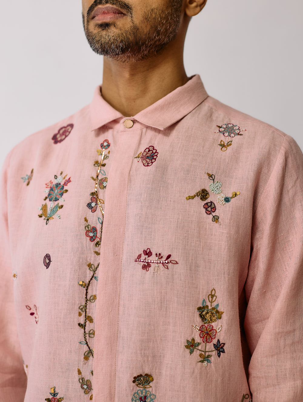 Zai Floral Hand-Embroidered Shirt - Pink