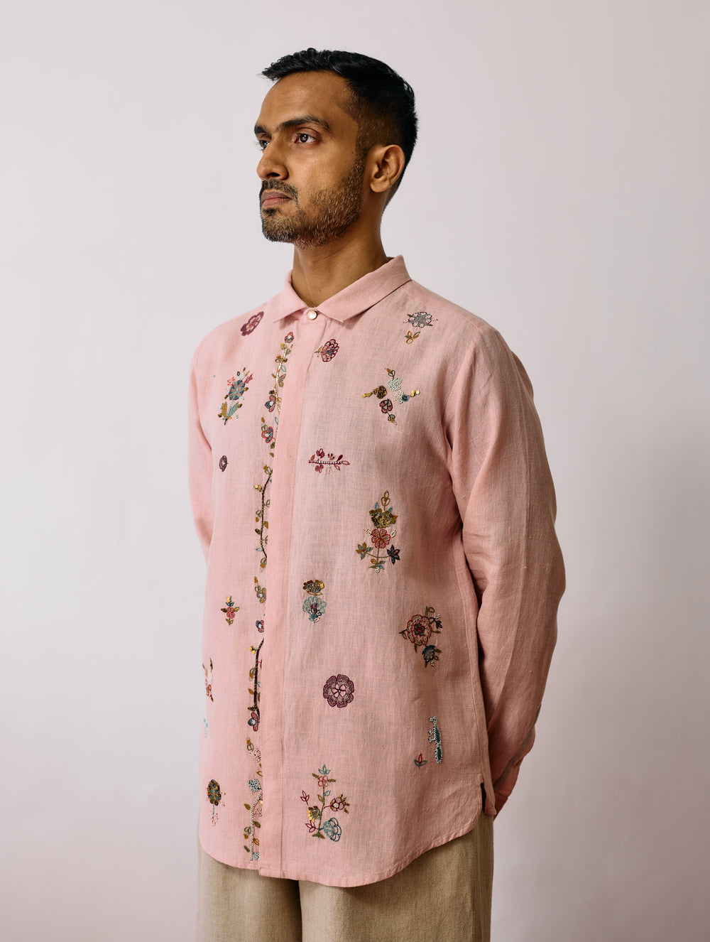 Zai Floral Hand-Embroidered Shirt - Pink