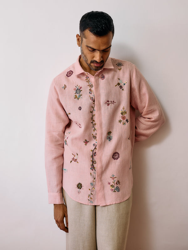 Zai Floral Hand-Embroidered Shirt - Pink