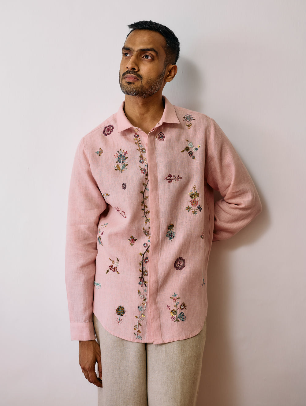 Zai Floral Hand-Embroidered Shirt - Pink
