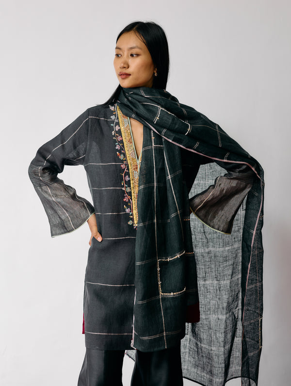 Mora Hand-Embroidered Metallic Linen Dupatta - Charcoal