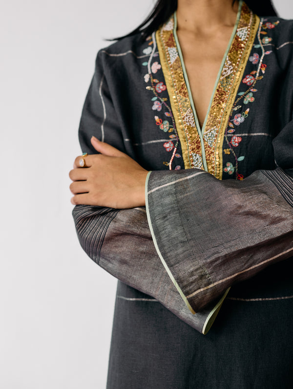 Naar Hand-Embroidered Metallic Kurta - Charcoal